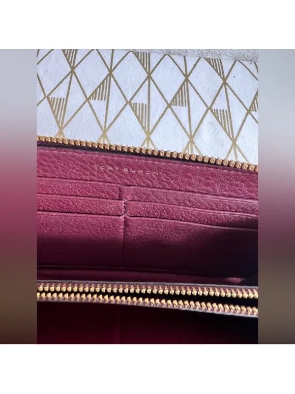 Tory Burch Deep Wine Pebbled Leather Half Zip Wallet - Image 8