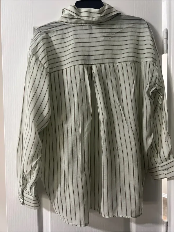 Frame Denim Striped Button-Up Shirt in Light Green and White - Image 2