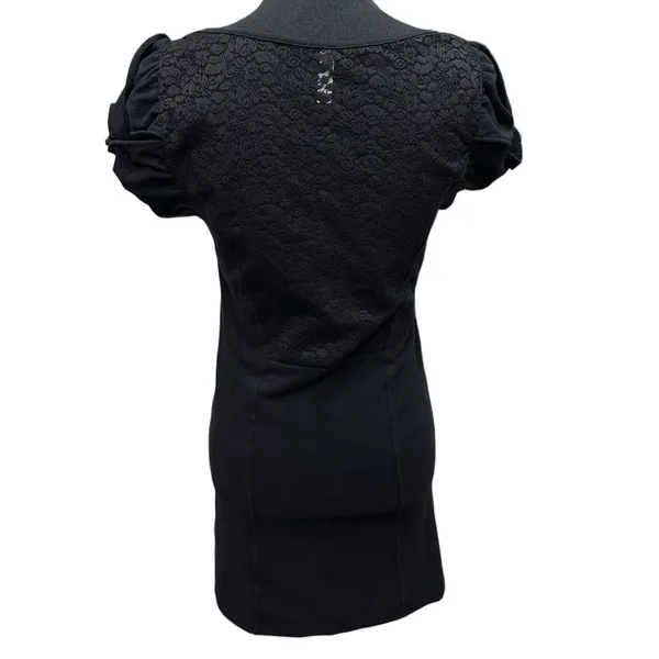 Free People Womens Cotton Floral Lace Puff Sleeve A-Line Dress Black‎ Size L - Image 4