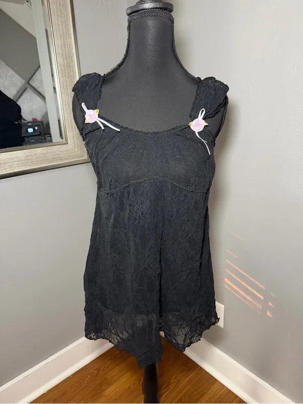 Hillard & Hanson black lace babydoll chemise y2k rose bow whimsygoth large - Image 2