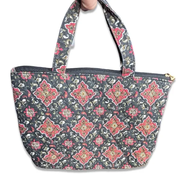 Quilted Cotton Mini Tote Bag Black Red Medallion Zip Top Boho Travel Purse - Image 7