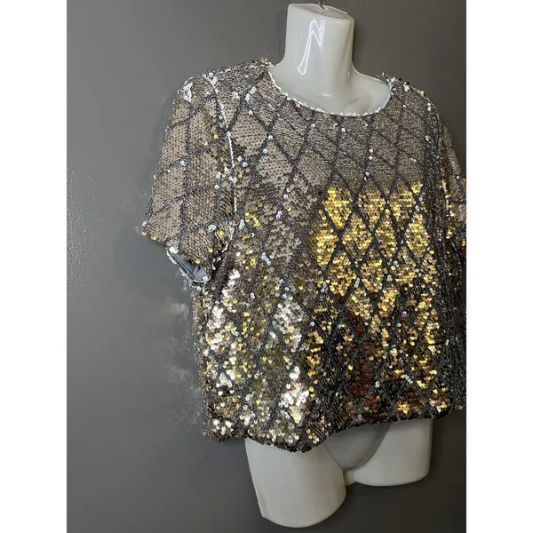 Mi Ami Blouse Womens Medium Gold Sequin Argyle Cropped Top Party Holiday - Image 3