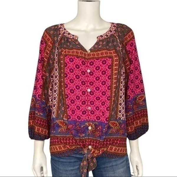 New Direction Boho Floral Button Front Tie Hem Top Pink Purple Print Size L - Image 2