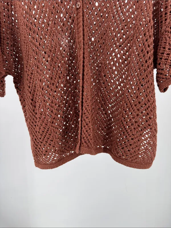 wild fable Brown metallic Open-Knit short sleeve crocheted Sweater L button up - Image 9
