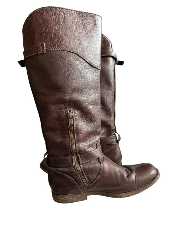 Frye 4001 Brown Leather Tall Riding Boots Women’s 7 B Side Zip Buckle - Image 6