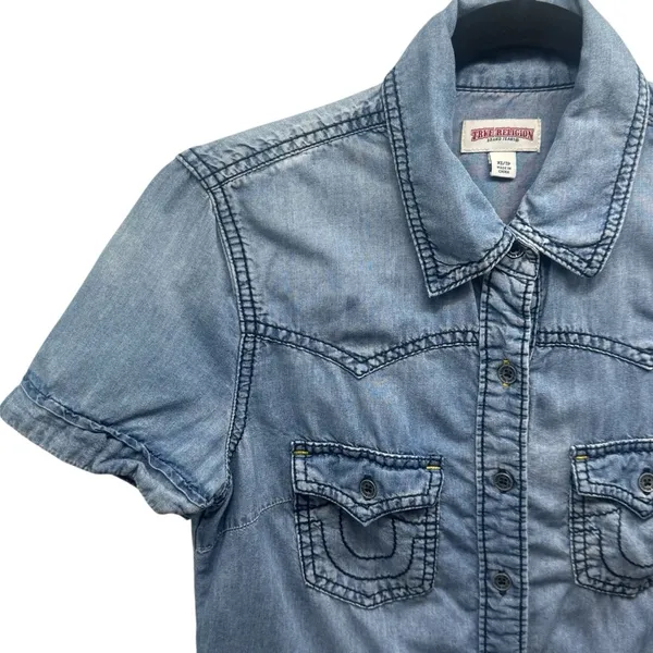 True Religion Y2K Button Front Chambray Western Rodeo‎ Top Size XS - Image 3