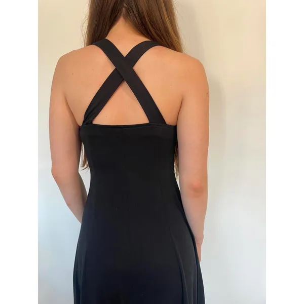 Black Midi Cross Back Square Neck Fit and Flare Dress - Image 2