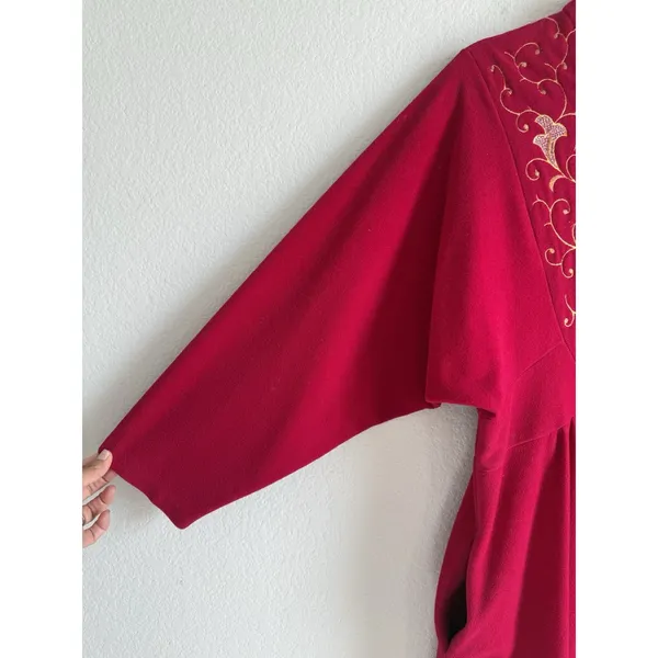 Vtg Vanity Fair Velour Maxi Robe Gown Red Gold Embroidered Zip Housecoat Large - Image 5