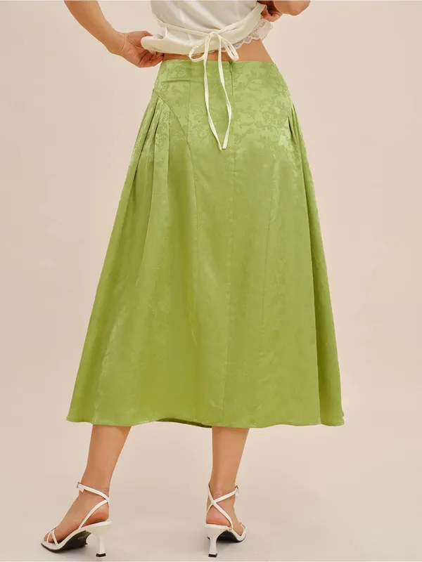 Rihoas Green Jacquard Ruched Satin Midi Skirt - Image 8