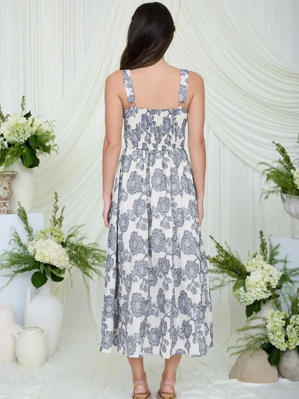 Blu Pepper NEW Navy Blue Floral Jacquard Midi Dress Square Neck Sleeveless size Small - Image 3