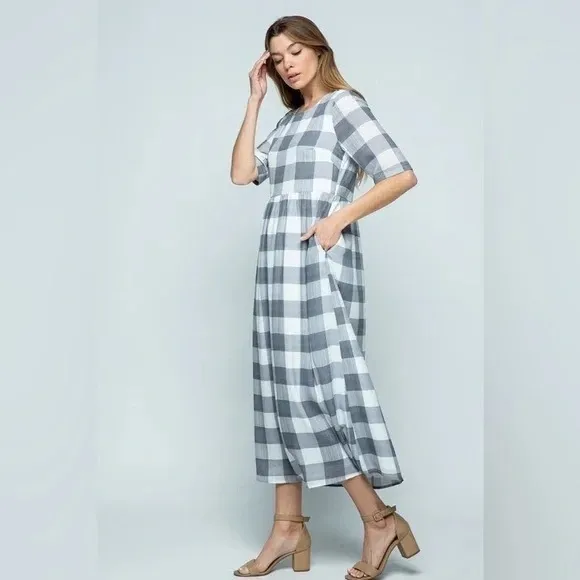 Roolee Gray Buffalo Check plaid gingham Maddie midi maxi dress L - Image 5