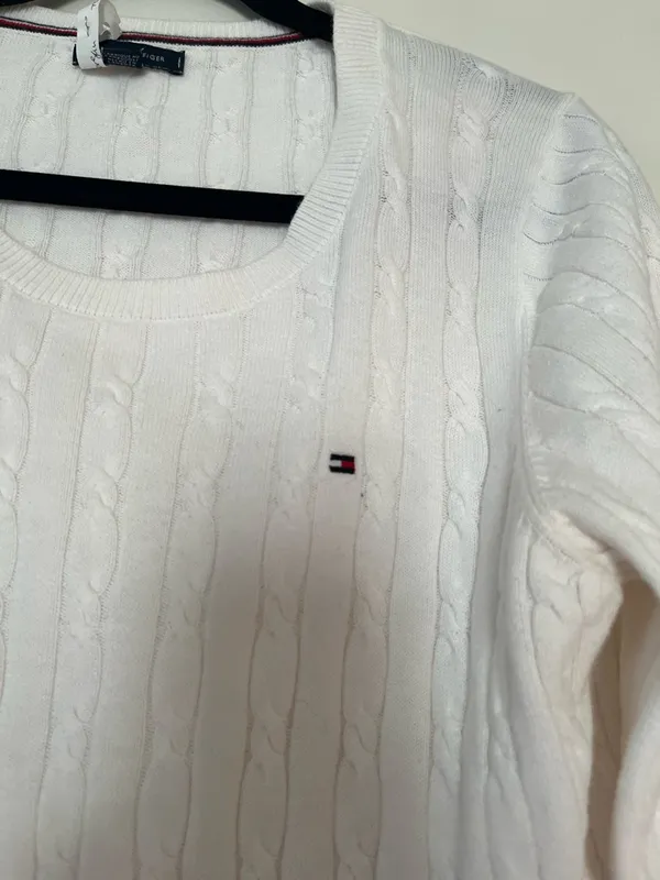 Tommy Hilfiger Cable Knit Sweater Large White Preppy Tennis Old Money Cotton - Image 3