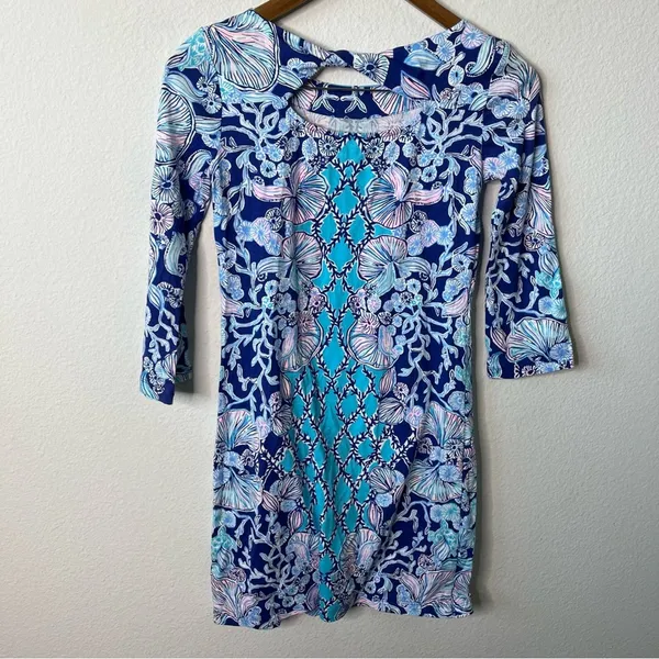 Lilly Pulitzer Blue Floral Printed Mini‎ Dress 3/4 Sleeves Boatneck Women’s XXS - Image 6