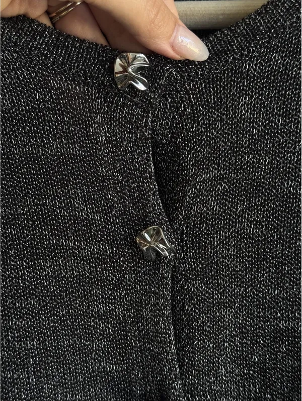 Zara Black Silver Metallic Knit Cardigan Statement Buttons Size L - Image 3