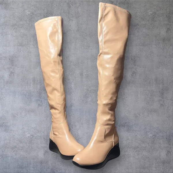 NEW Allegra K Over The Knee Boots Womens 8 Tan Wedge Chunky Heel Thigh‎ High - Image 4