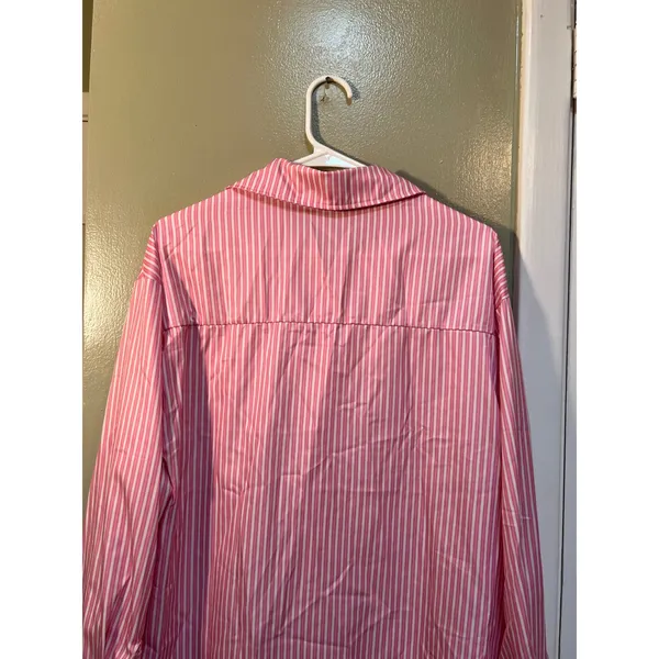 Womens Sz Medium Button Down Shirt Pink White Stripes Satin Long Sleeve Collared - Image 6