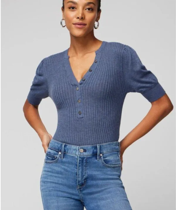 White House | Black Market Elbow Sleeve Cashmere Blend Puff Henley Sweater Blouse V-Neck Fuzzy Ribbed - Image 4