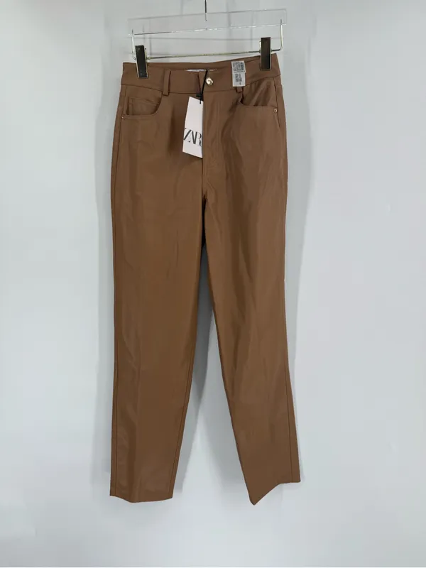 Zara Women’s Faux Leather Mom Fit Pants size‎ 2 Dark Camel Straight Leg - Image 2
