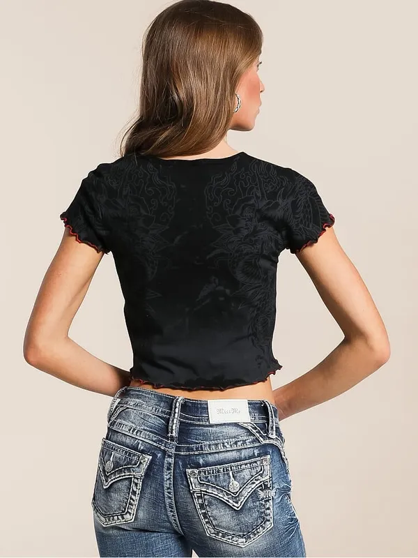 Affliction Black Cropped Graphic Tee with Multicolor Skull & Snake - Image 2
