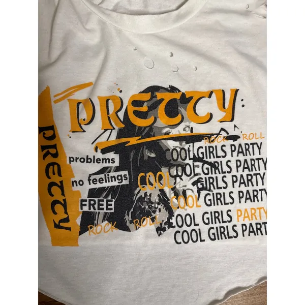 White Graphic Crop Top‎ Handkerchief Hem Cool Girls Party Rock Streetwear Tee - Image 2