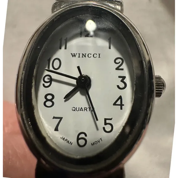 Wincci Quartz Watch Silver Tone‎ Black Faux Leather Cuff Bracelet Japan Movt - Image 7