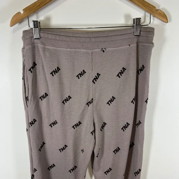 TNA Aritzia Waffle Knit Joggers Mauve Taupe Logo Print Thermal Lounge Pants Sz M - Image 6