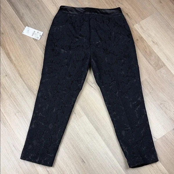 Zara NWT Black Lace Tuxedo Ankle Pants Satin‎ Trim Slim Straight Size Medium - Image 3