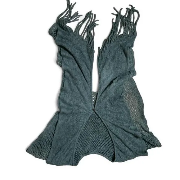 Chloé Boho Knit Fringe Poncho Wrap Women OS Gray Mesh Shawl Capelet V-Neck - Image 4