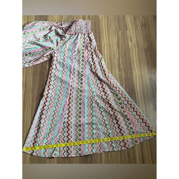 Silk Blend Wide-Leg Pants Pink Earth Tone Geometric Print Bohemian Resort Wear - Image 4