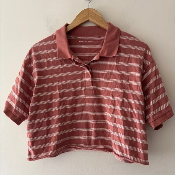American Eagle Salmon‎ Pink and White Striped Cropped Polo Shirt - Image 3
