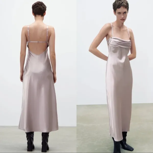 Zara Champagne Satin Maxi Dress - Image 2