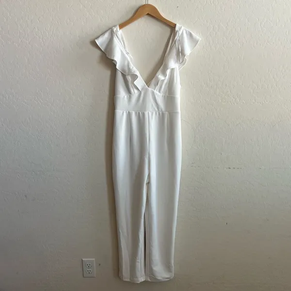 Lulu's White Plunging V Neck Flutter Sleeve Jumpsuit - Image 4