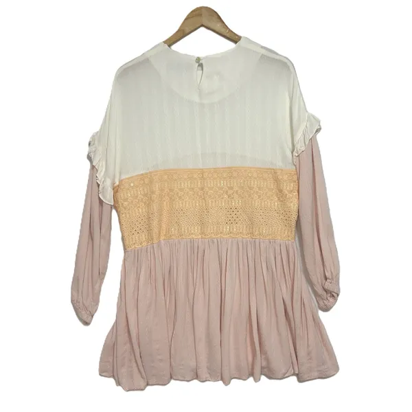 Babydoll Gauzy Tunic Top Pastel Mixed Media Lace Boho Peasant Cottage Feminine M - Image 6
