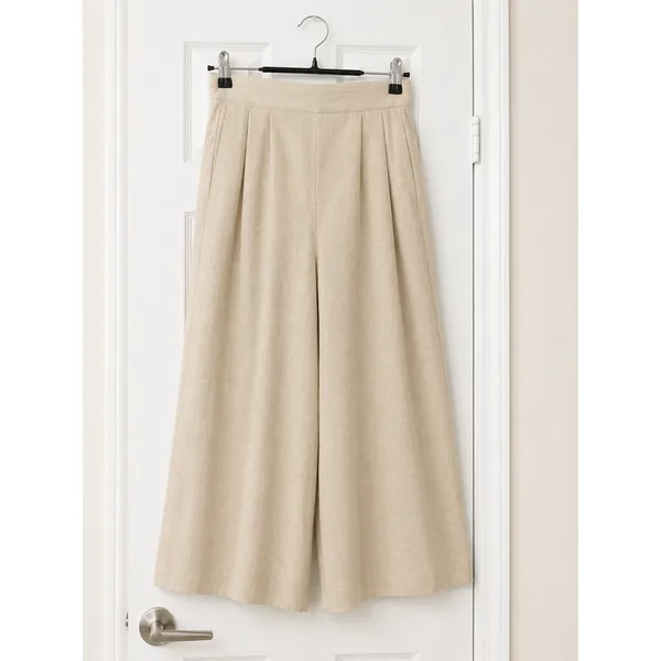 Condor Linen Blend Wide Leg Cropped Pants Beige Button Detail High Rise Size 5/6 - Image 5