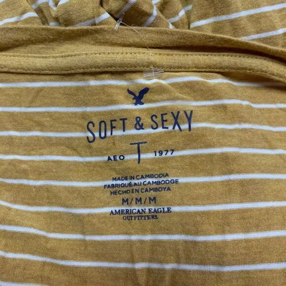 American Eagle Top womens Medium Yellow Soft & Sexy Striped Long Sleeve‎ V-Neck - Image 4