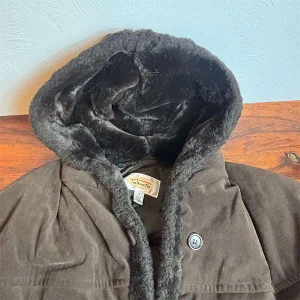 Vintage Talbots‎ Women's Brown Hooded Faux Fur Lined Faux Suede Jacket M - Image 2