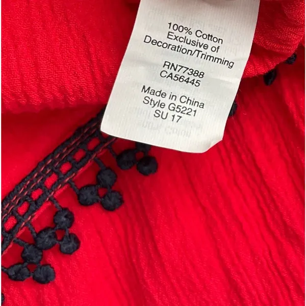 J Crew Pom Pom Tunic Top Size Medium Red Blue Gauze Embroidered Coastal Boho - Image 6