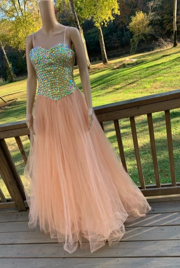 Peach Beaded Sweetheart Tulle Prom Dress - Image 5