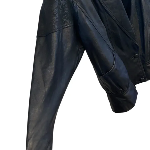 Vintage 80s 90s Black Leather Jacket shoulder pads Animal Print Detail - Image 11