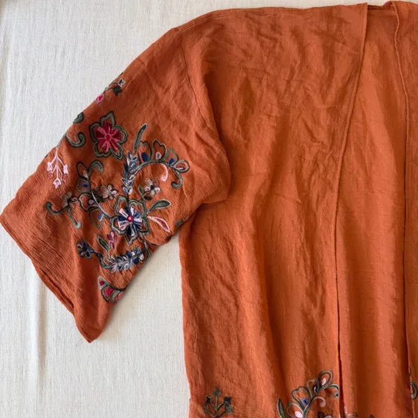Boho Embroidered Kimono Cardigan Duster Rust Floral Open Front Festival One Size - Image 4