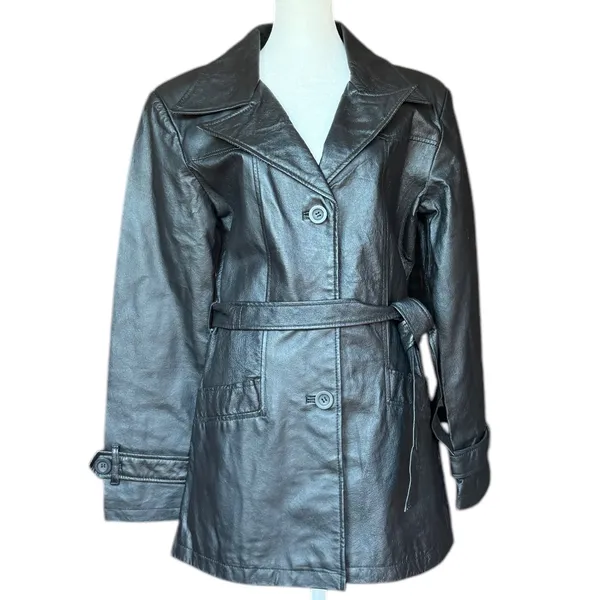 Oscar Piel 100% Leather Belted Button Front Black Coat‎ Jacket Sz M - Image 2