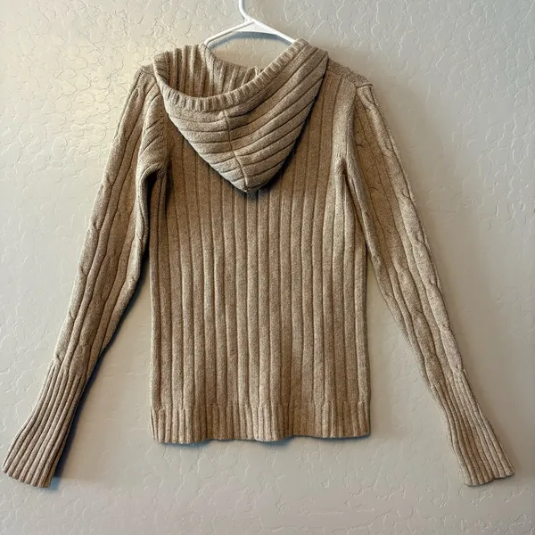 Hollister Y2K beige cable knit hooded deep v-neck rabbit hair sweater large - Image 11