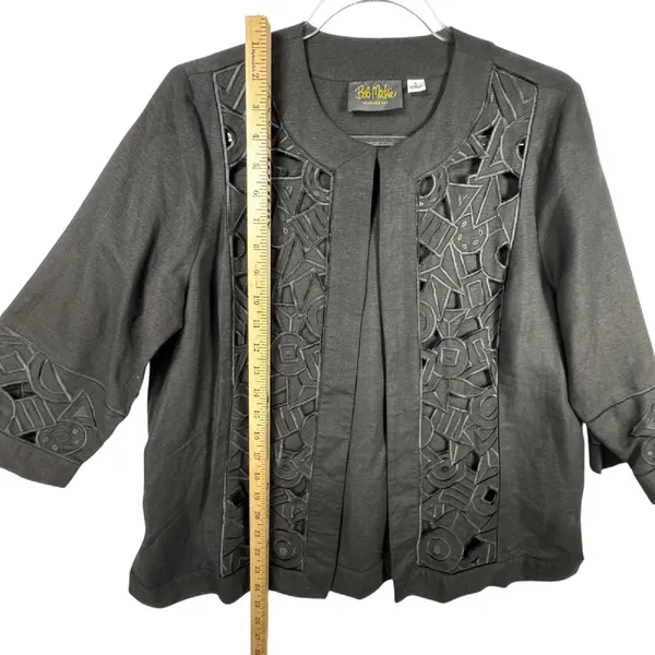 Bob Mackie Wearable Art Jacket Open Front‎ Geometric Cutout Black Small Linen - Image 8
