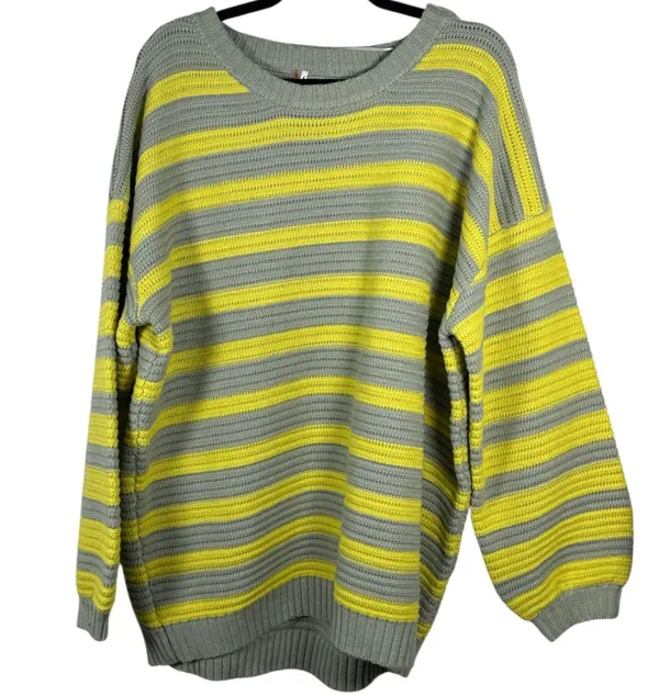 Free People Links Oversized Chunky Knit Sweater Grey Yellow Stripe Size Medium - Image 5