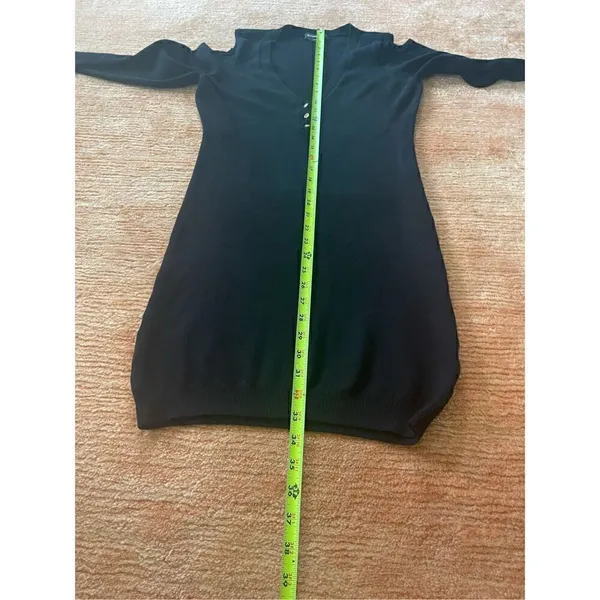 Black BEBE Long Sleeve Knitted Bodycon Dress with V-Neck and Off Shoulder Size L - Image 5
