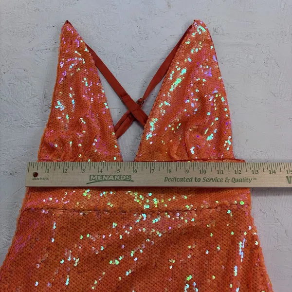 Song of Style x Revolve Women's Orange Sequin Halter Open Back Midi Dress Small - Image 10