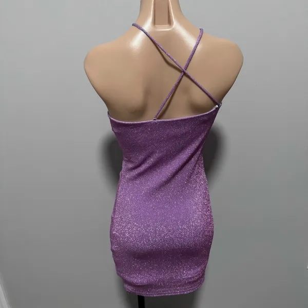 Princess Polly Sparkle Shimmer Glitter Bodycon Party Dress Crisscross 4 Purple - Image 2