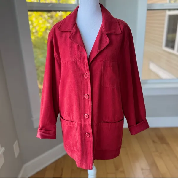 Vintage Coaco Red Faux Suede Chore Coat Utility Jacket Fully Lined Size Small - Image 11