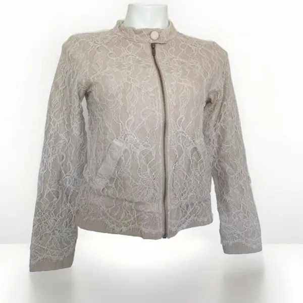 NEW Blue Life Light Beige Lace Zip Jacket Blazer Mandarin Collar jacket XS XSMAL - Image 2