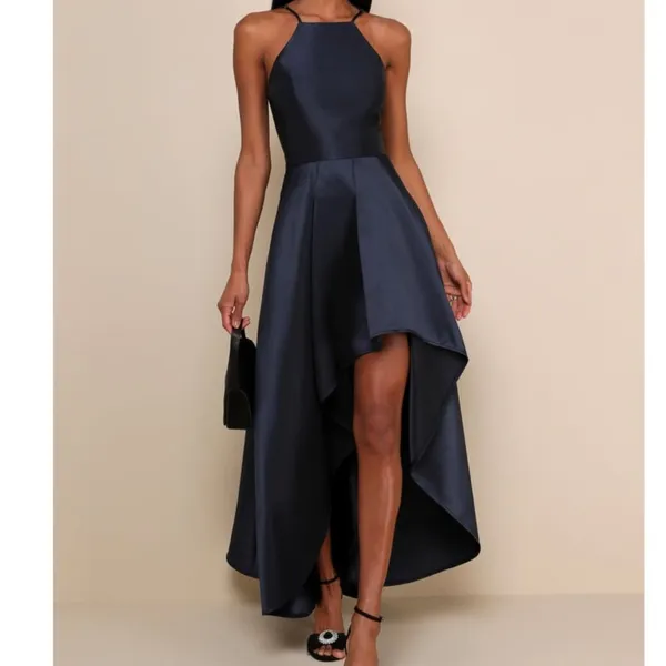 NEW Lulus Broadway Show Navy Blue High-Low Taffeta Pleated Gown Dress Medium - Image 2